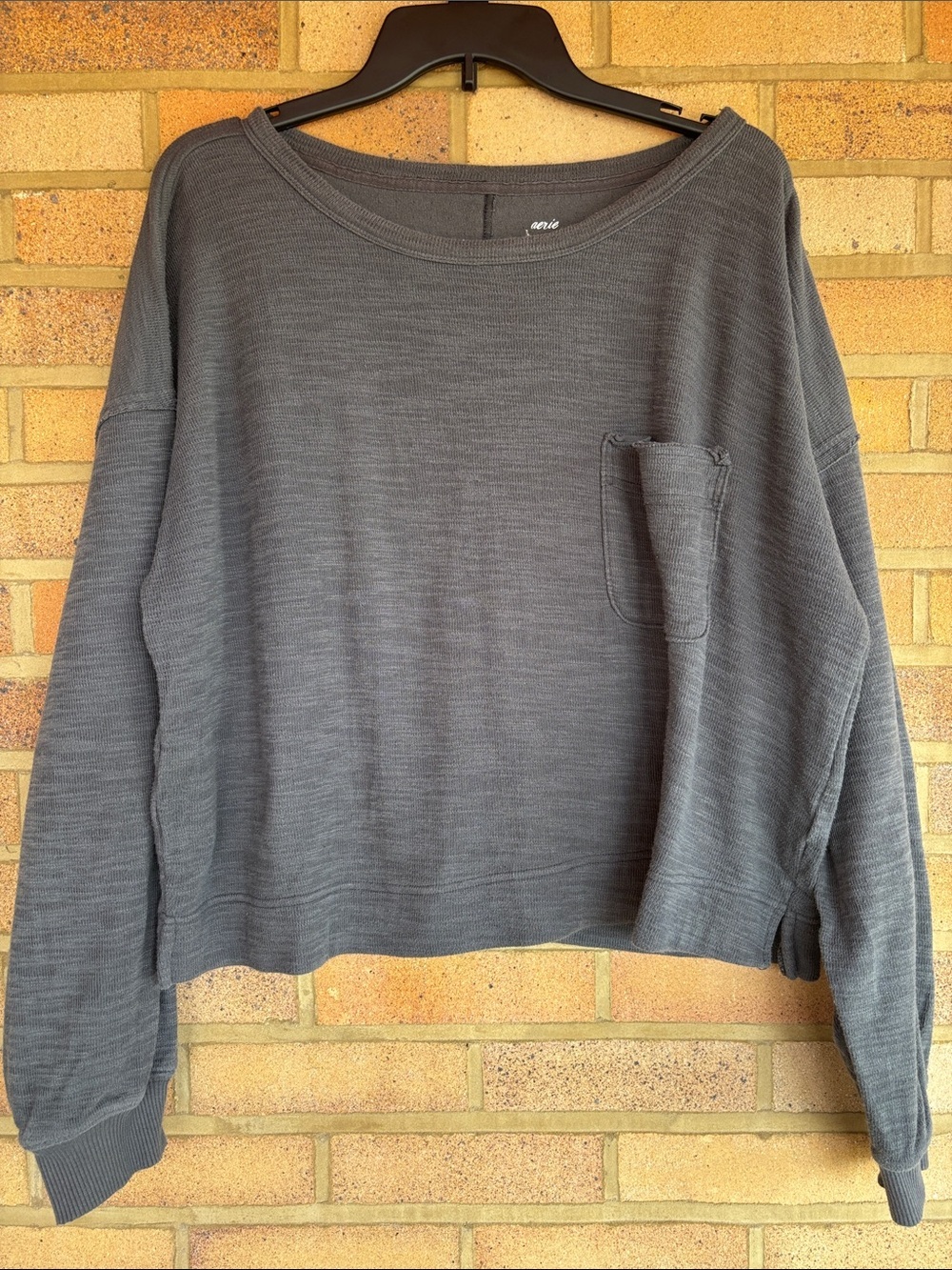 aerie Crop Crewneck Long Sleeve Textured Top L